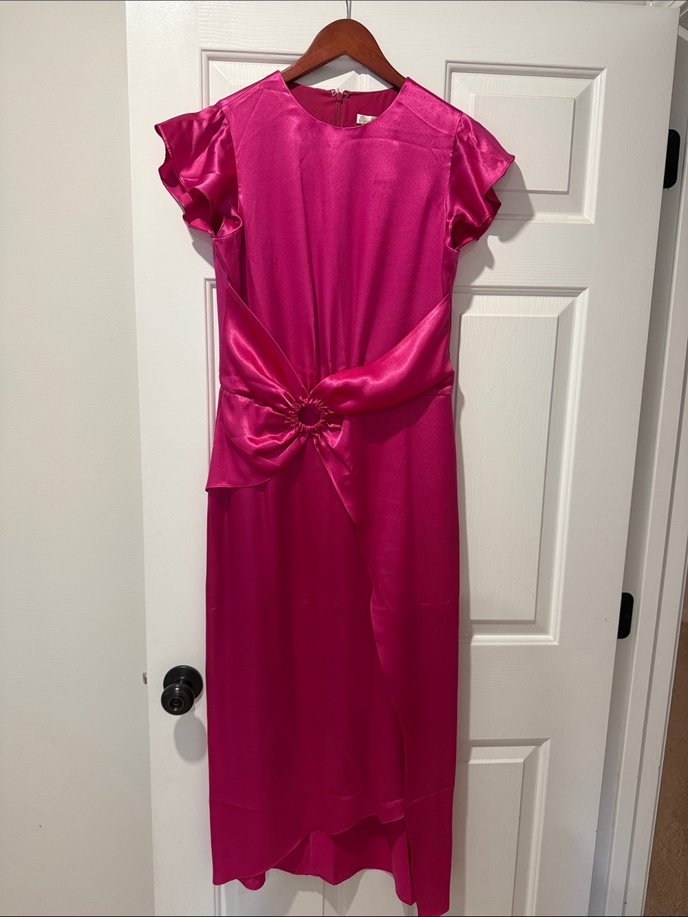 Shoshanna Fuchsia Satin Knot-Front Midi Dress
